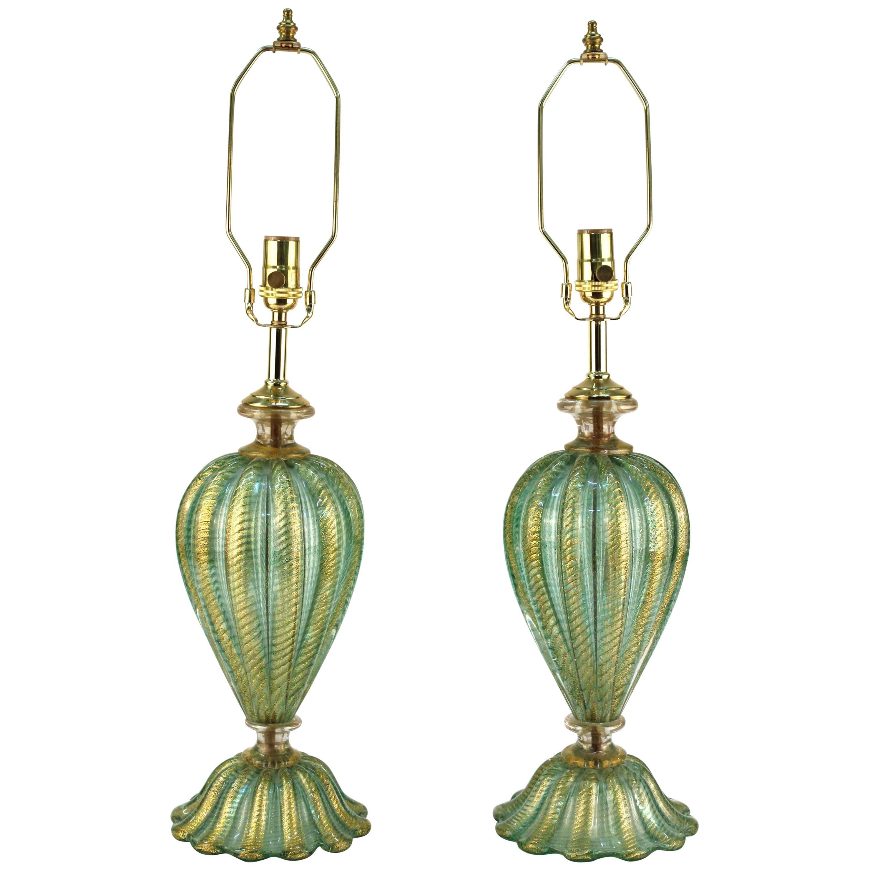 Mid-Century Pair of Turquoise Hand-Blown Barovier and Toso Lamps