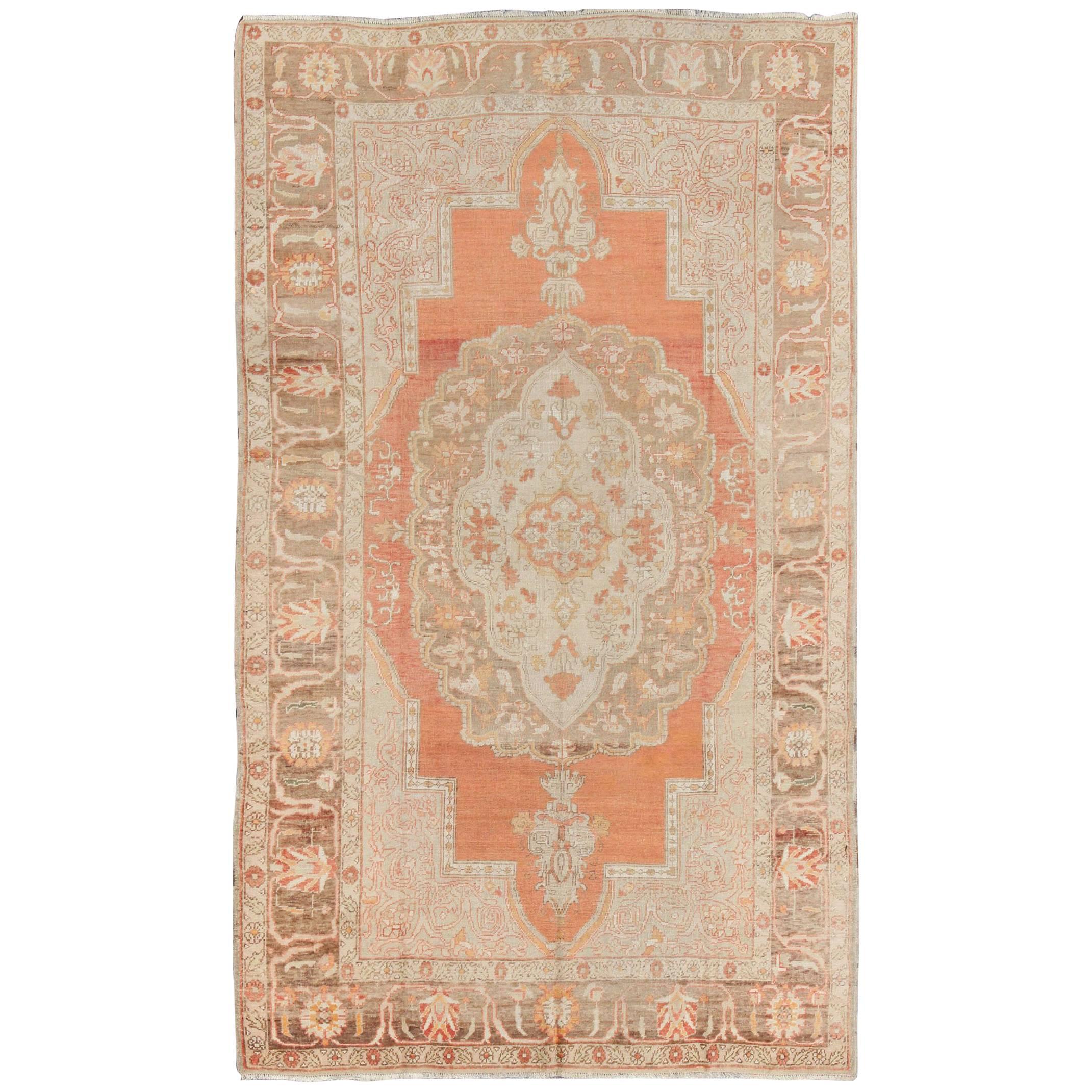 Burnt Orange, Gold and Olive Green Vintage Turkish Oushak Rug with Wide Borders at 1stDibs