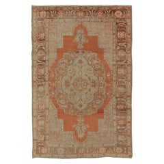 Antique Turkish Oushak Rug with Floral Medallion Burnt Orange and Cream
