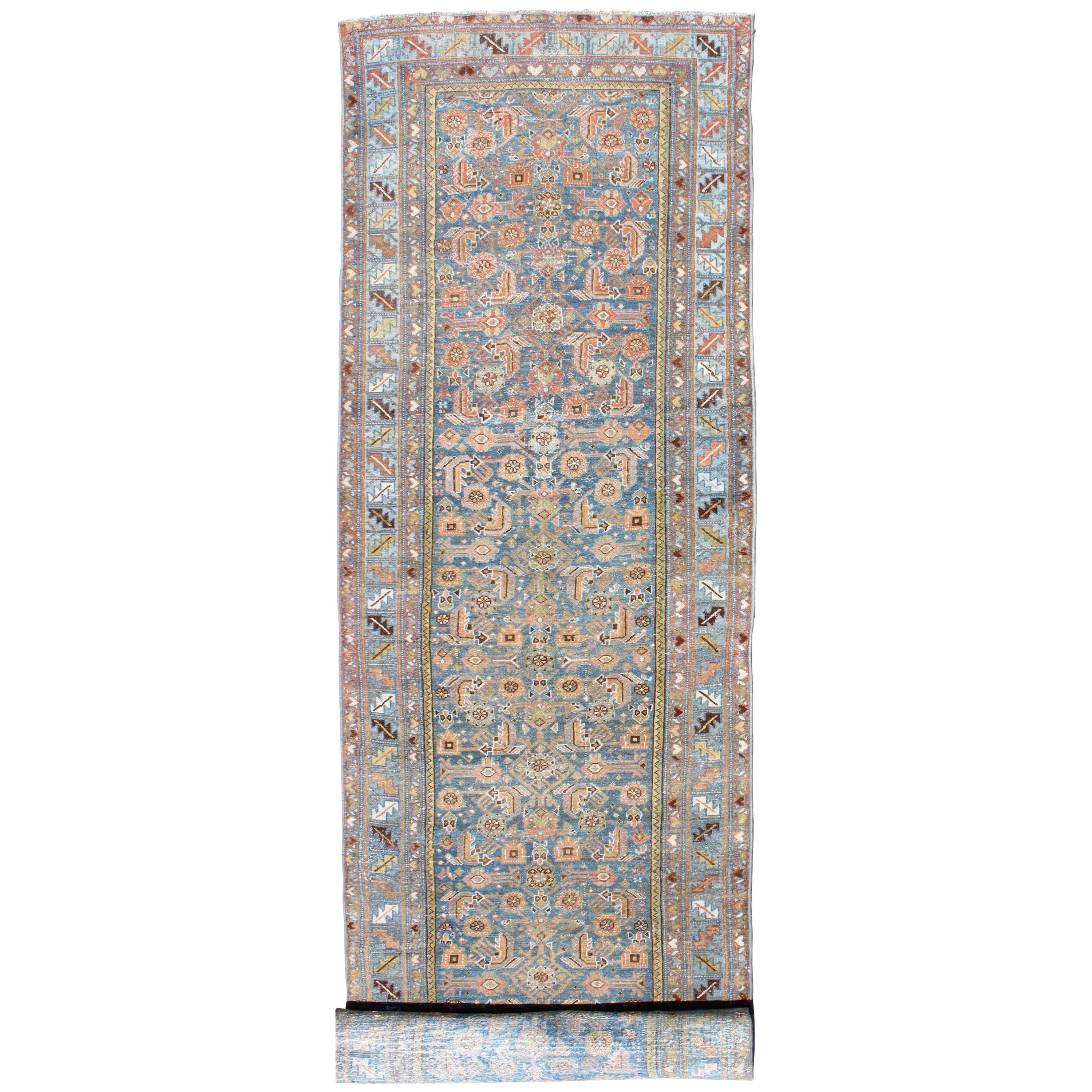 Antique Persian Malayer Runner in Light Blue and Salmon Pink For Sale