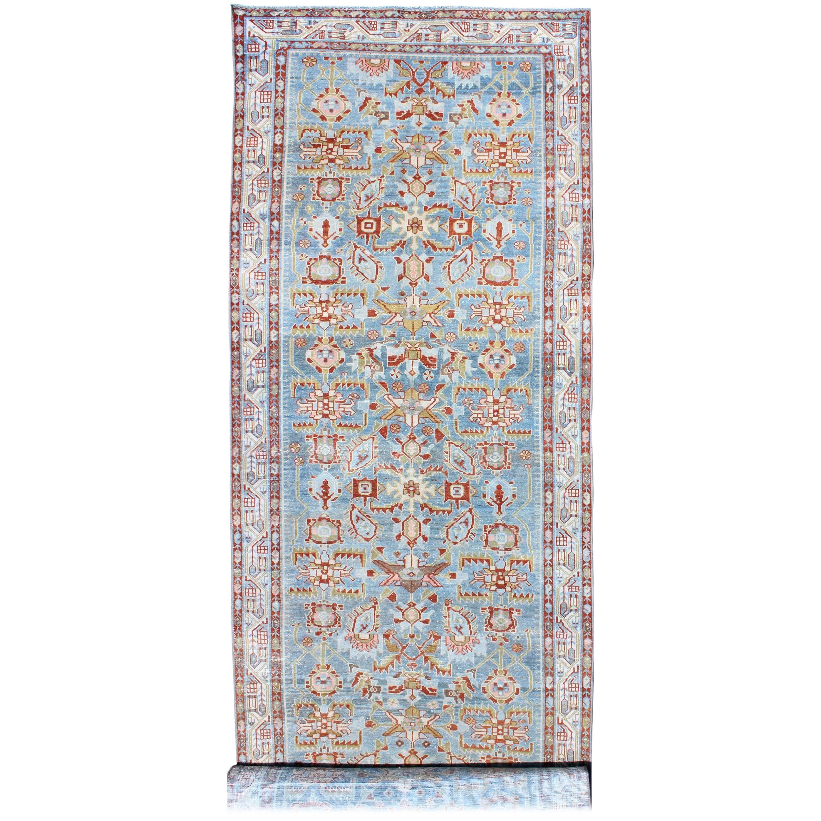 Antique Persian Malayer Runner with Geometrics in Light Blue, Red and Green For Sale