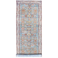Antique Persian Malayer Runner with Geometrics in Light Blue, Red and Green