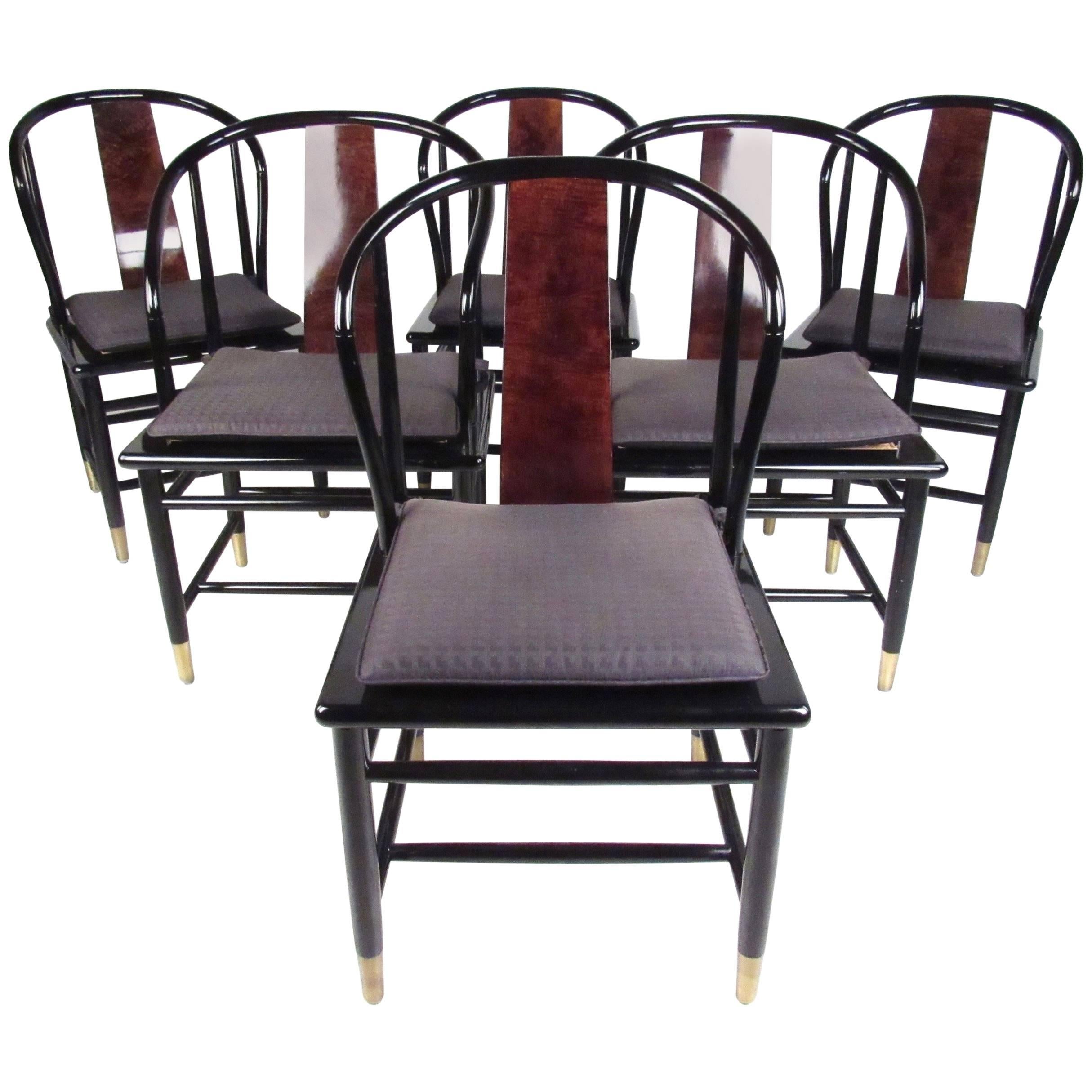 Vintage Modern Black Lacquer and Cane Dining Chairs by Henredon