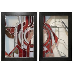 Vintage Pair of Abstract Leaded Glass Windows