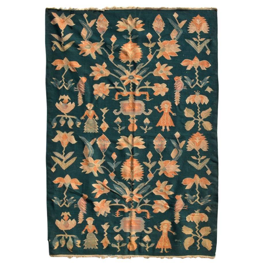 Evelyn Ackerman Style Deep Sea Green & Beige Handwoven Tapestry Rug 1950s Girl