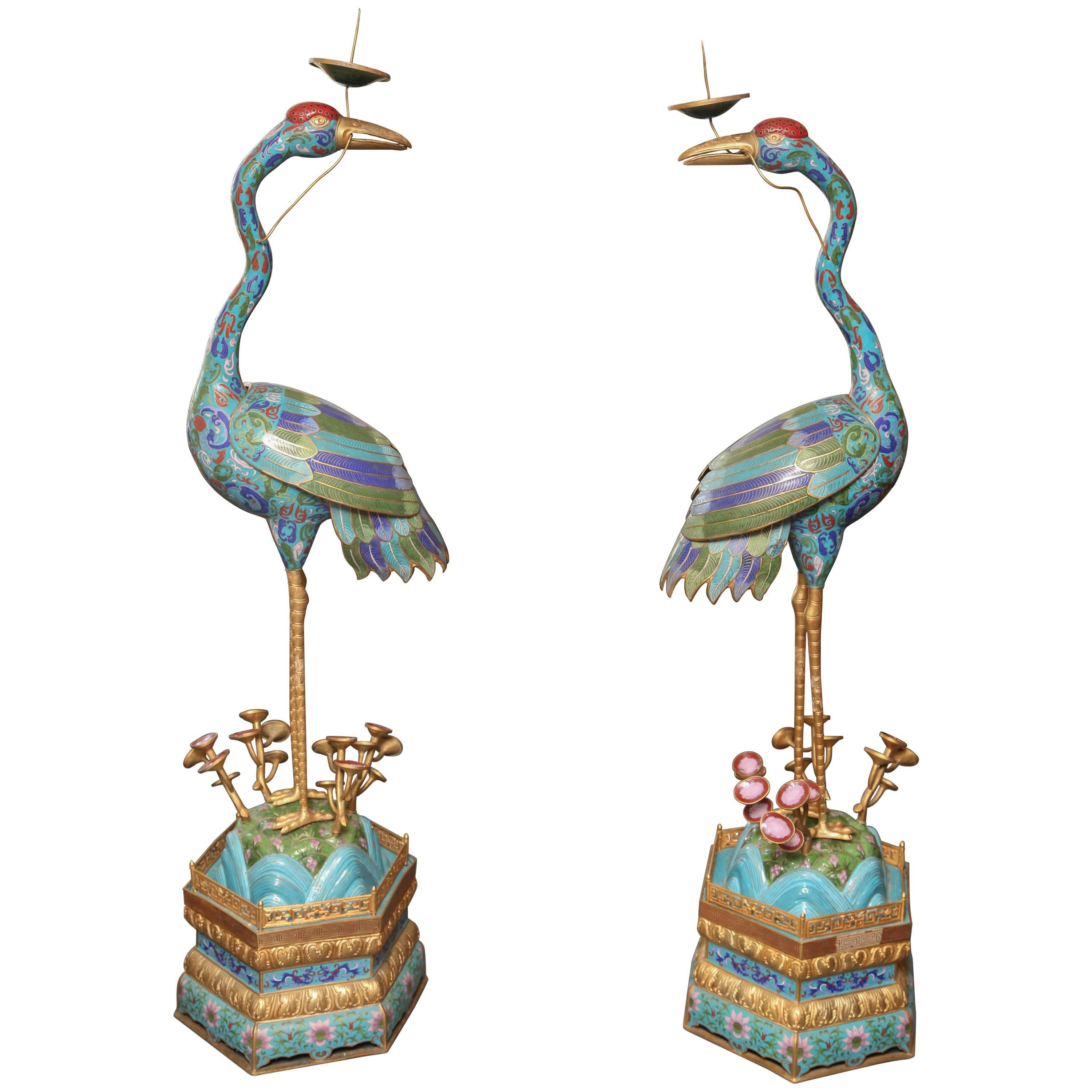 Pair of Life Size Cloisonné Cranes