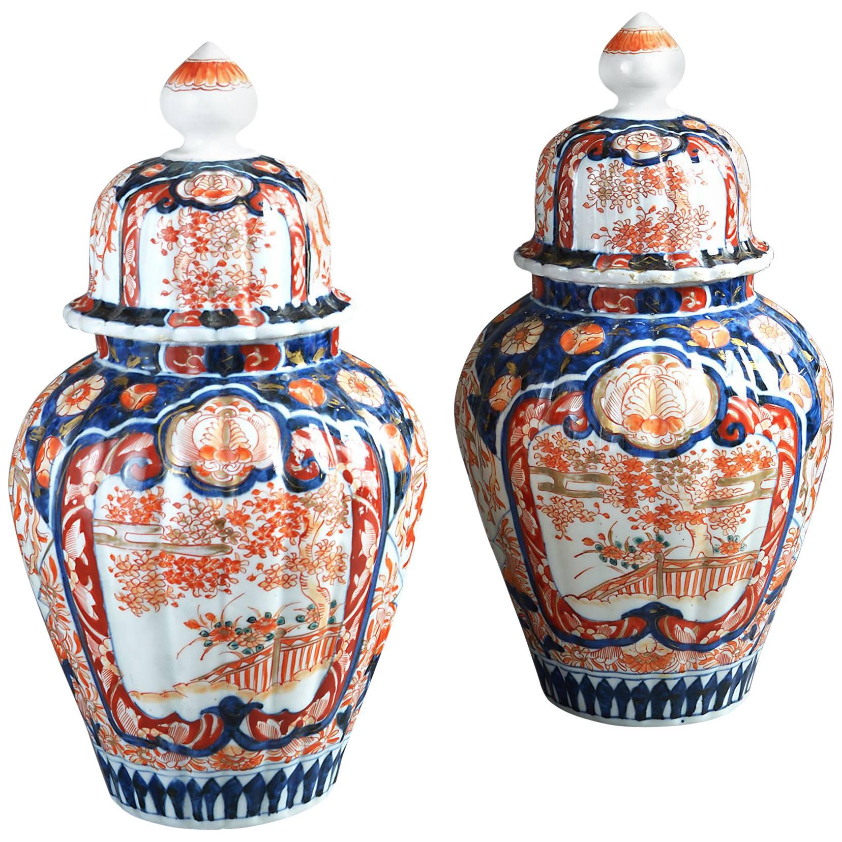19th Century Pair of Imari Vases and Covers