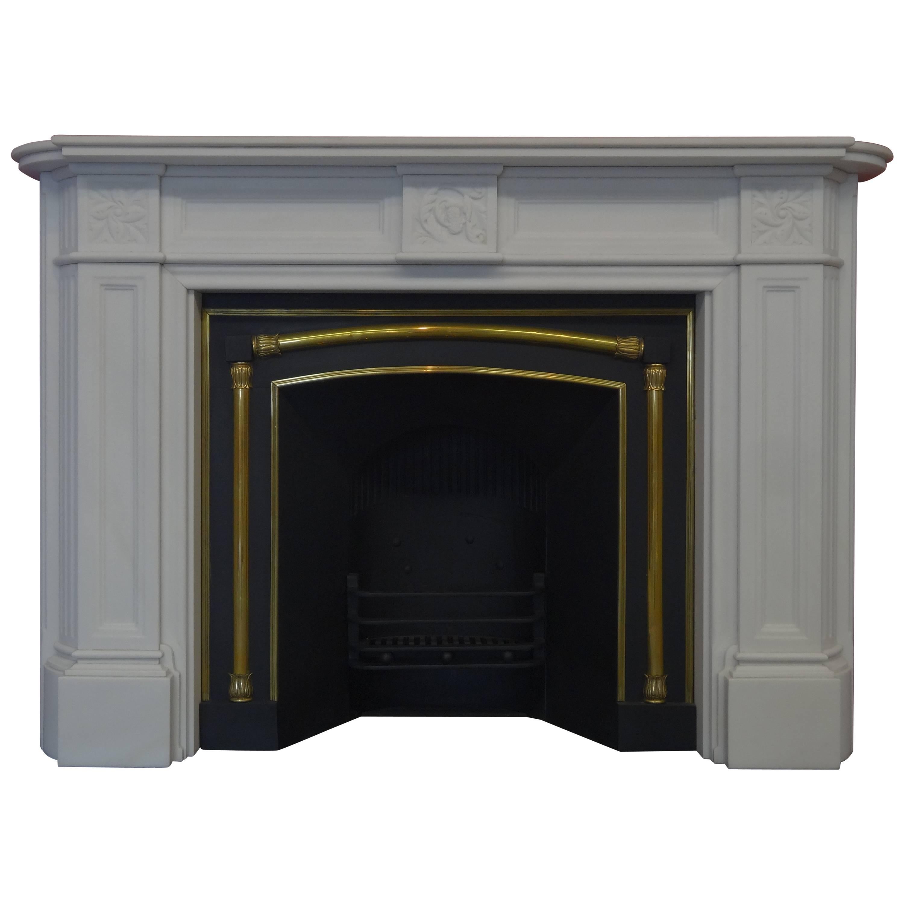 Victorian Style Carved White Marble Fireplace with Antique Victorian Fire Grate For Sale