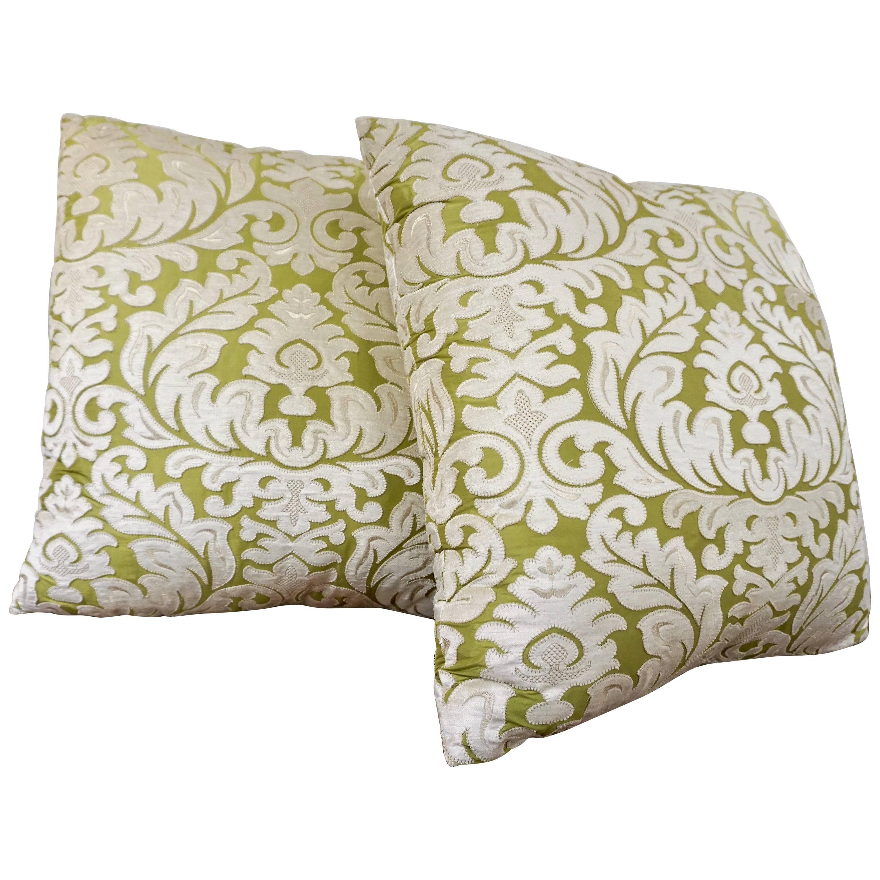 Contemporary French Green and Ivory White Damask Velvet Throw Pillows