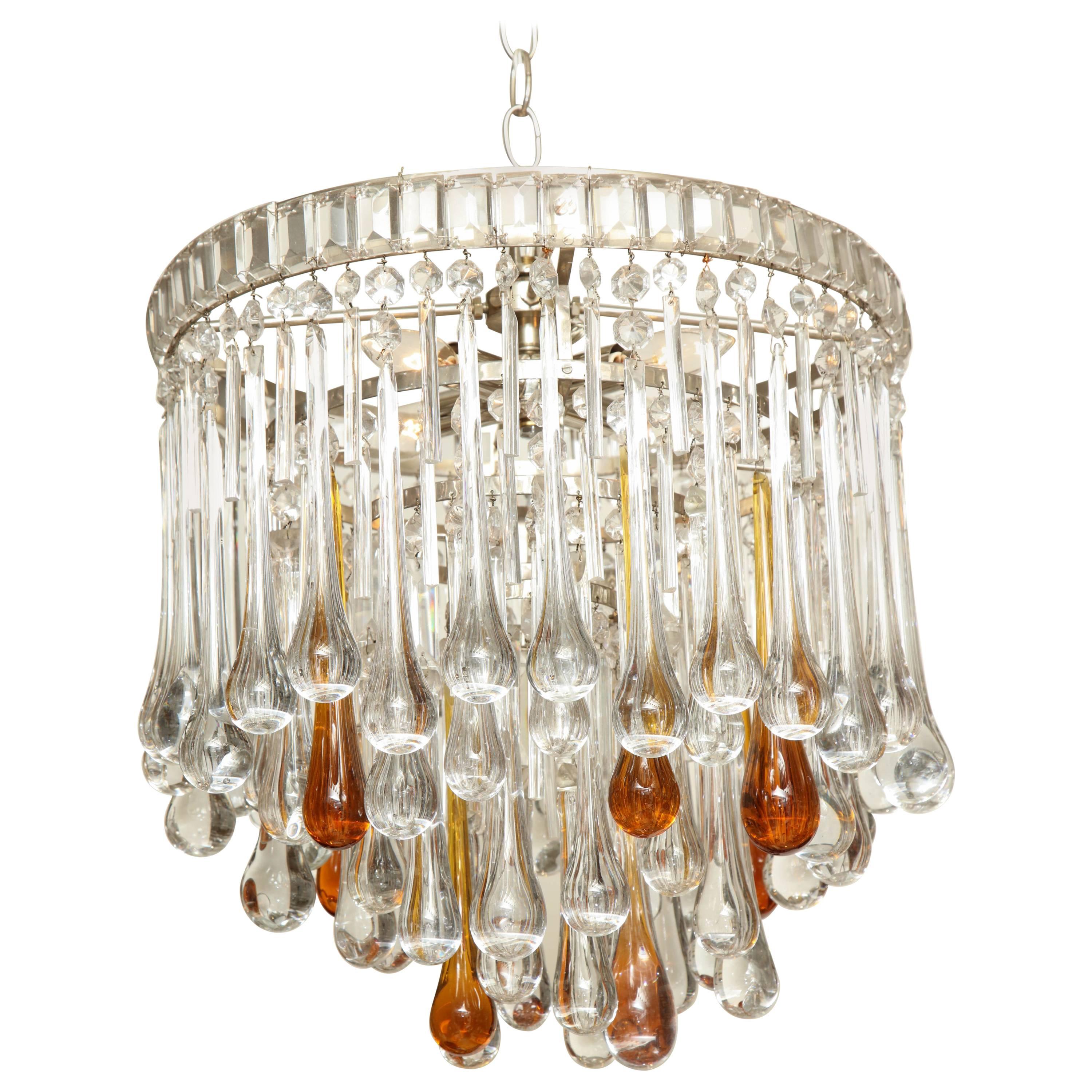 Murano Glass Chandelier with Clear and Amber Crystal Tear Drops, Italy, 1980s For Sale