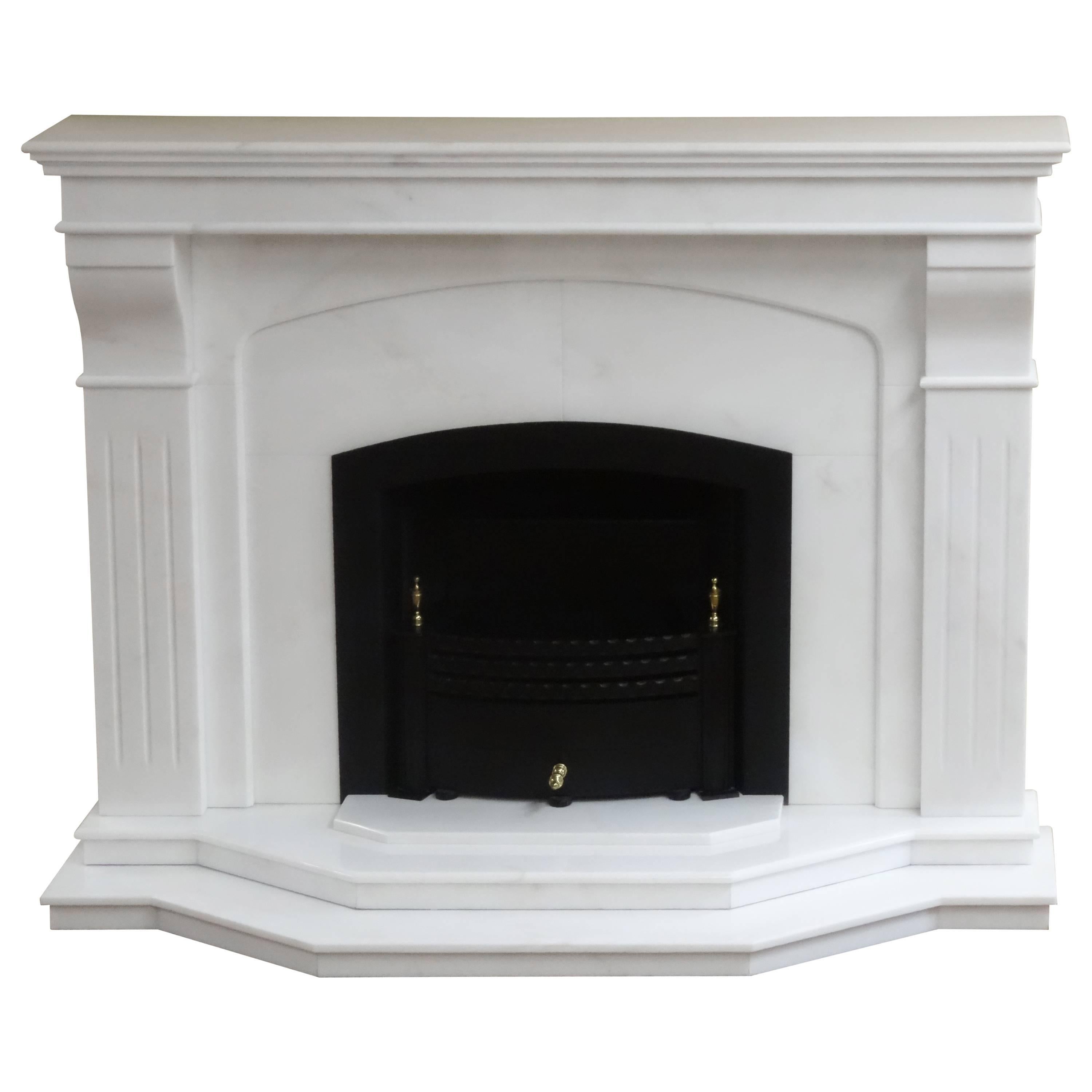 21st Century Contemporary Carved Marble Fireplace with Metal Trim and Fire Grate For Sale