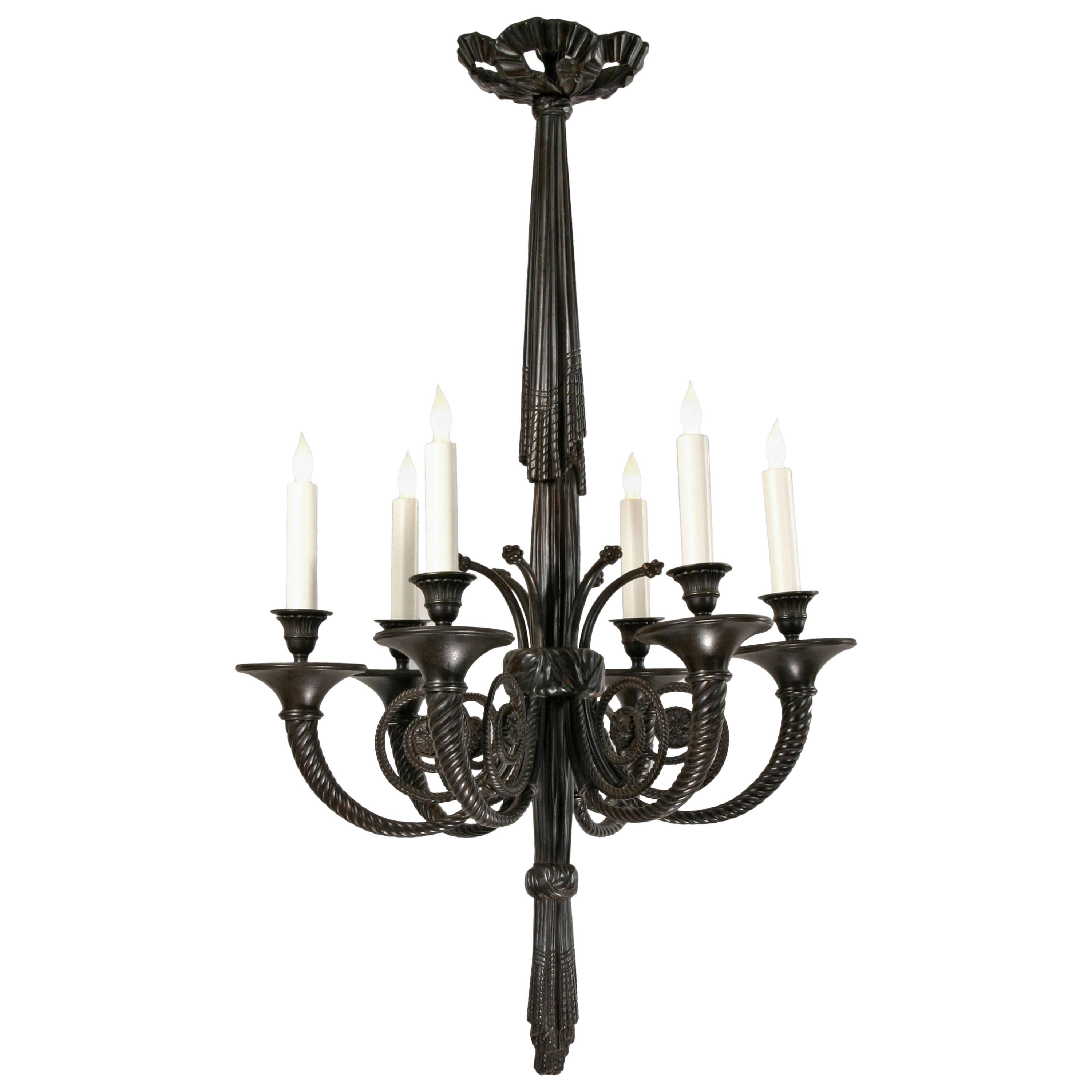 French Patinated Bronze Six-Light Chandelier 