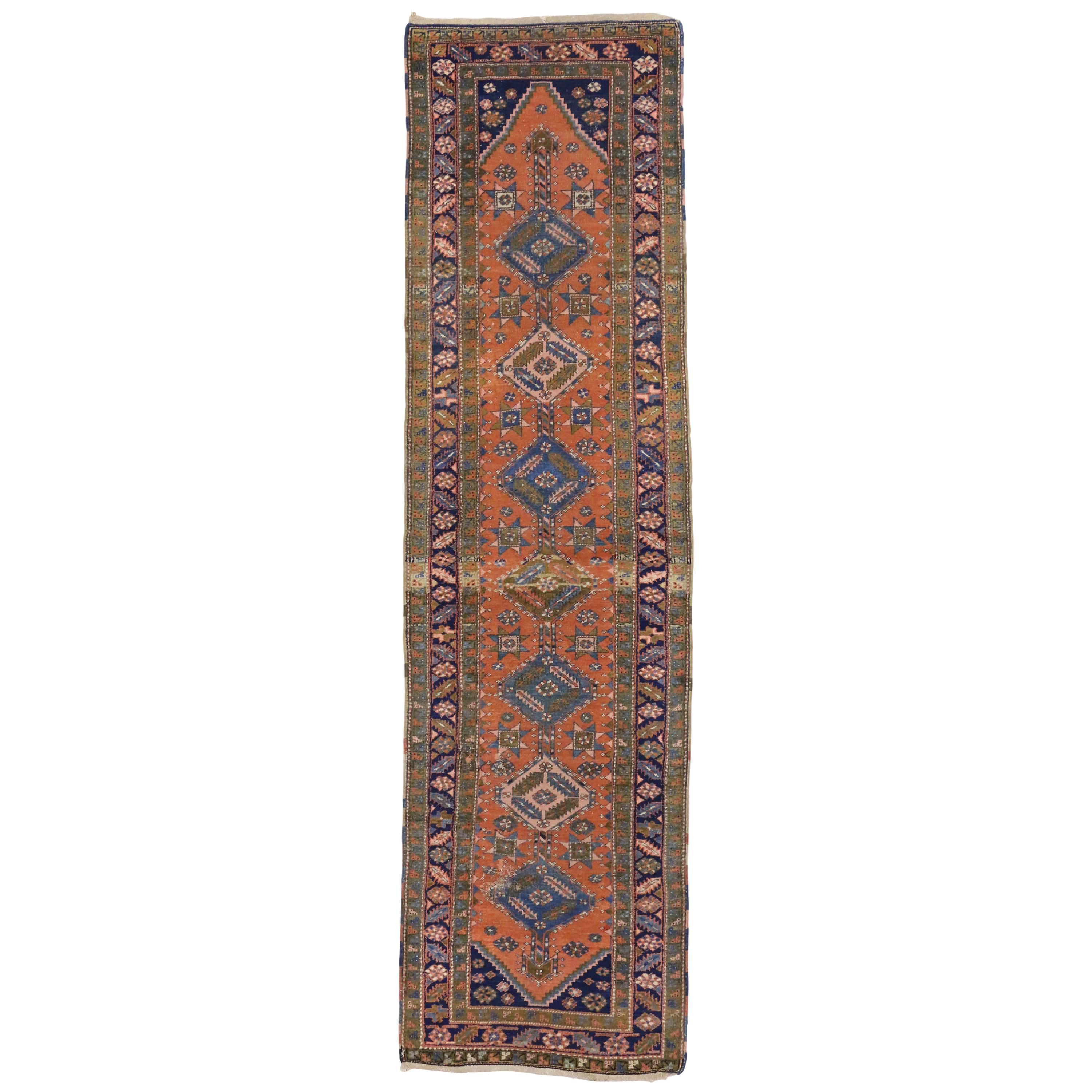 Antique Heriz Persian Runner with Modern Tribal Style