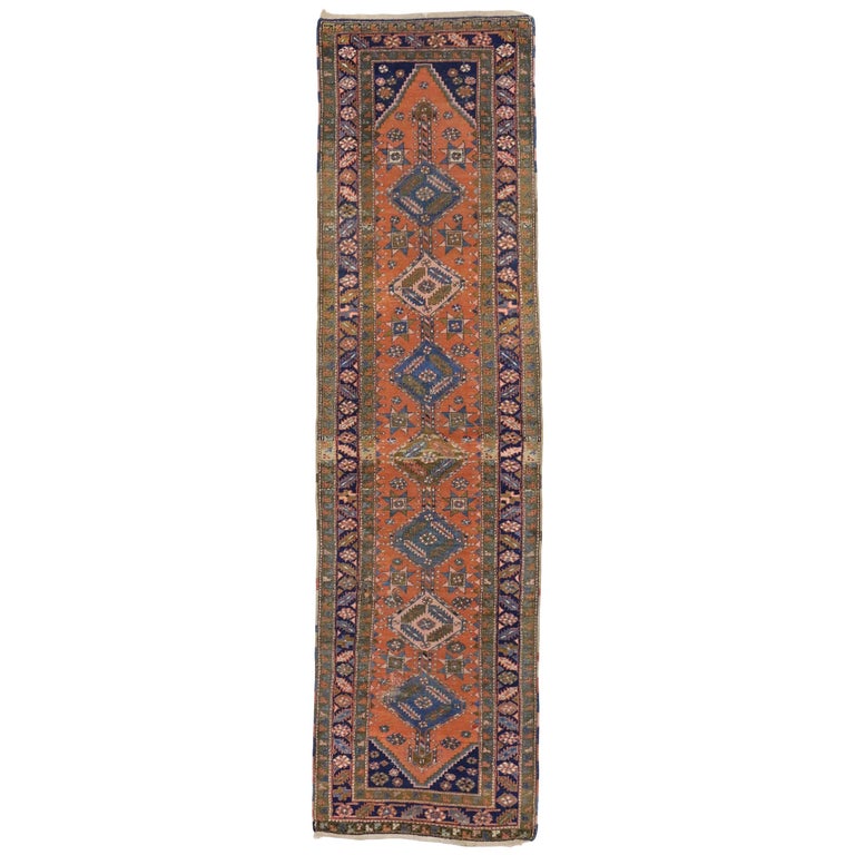 Antique Heriz Persian Runner with Modern Tribal Style For Sale