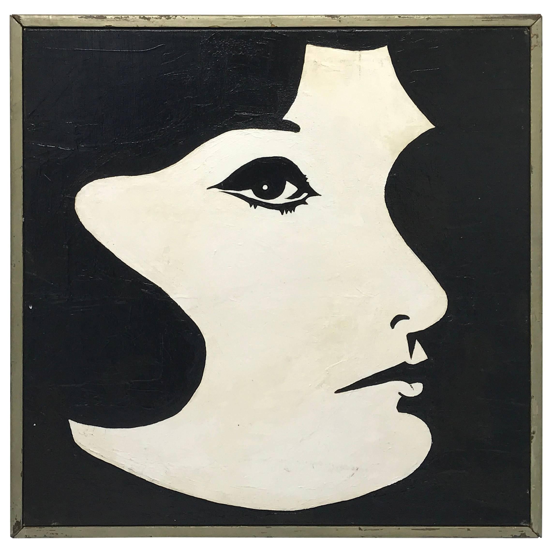 1960s Modern Black and White Jackie O Oil Painting, Framed For Sale
