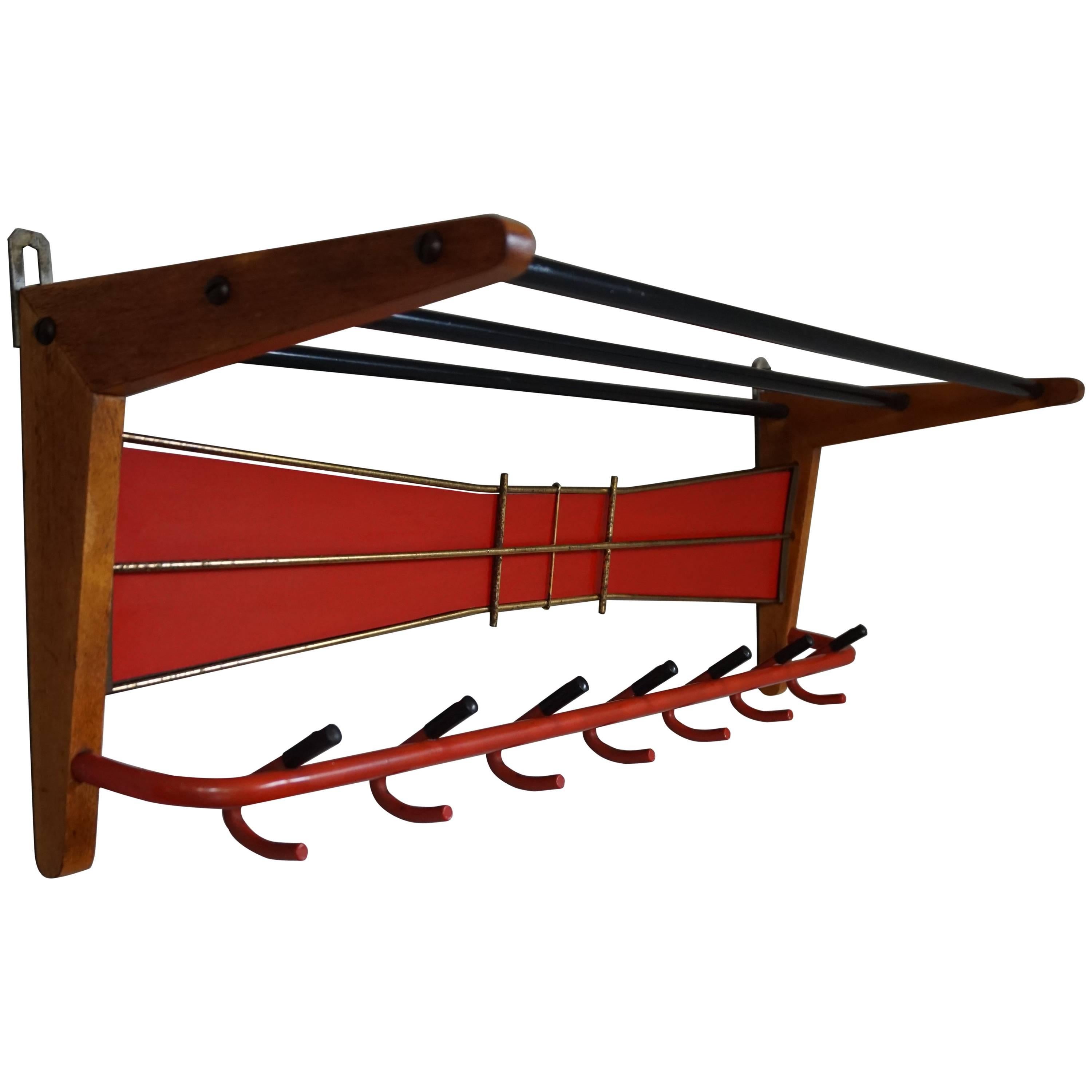 Mid-Century Modern Wood, Brass and Plastic, Red and Black Coat and Hat Rack For Sale