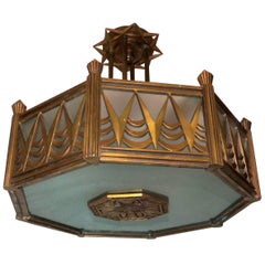 Wonderful French Bronze Art Deco Frosted Glass Octagonal Chandelier Flush Mount