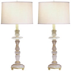 Tall Pair of Italian Hand-Cut Rock Crystal and Brass Mounts Table Lamp Bases