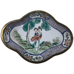 1940s White Cloisonne Dish with Ornate Scenery