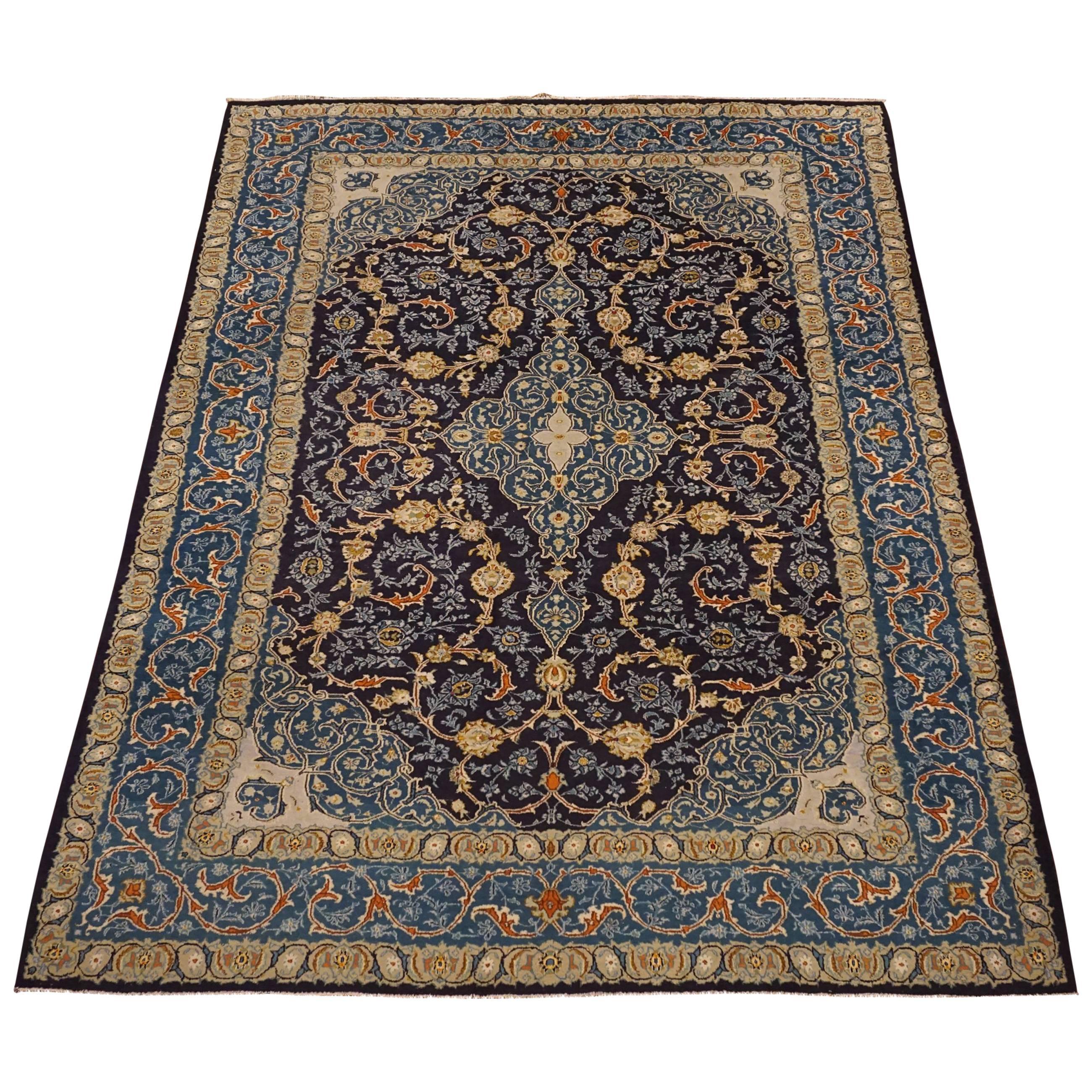 Blue Antique Hand-Knotted Persian Kashan, circa 1900 For Sale