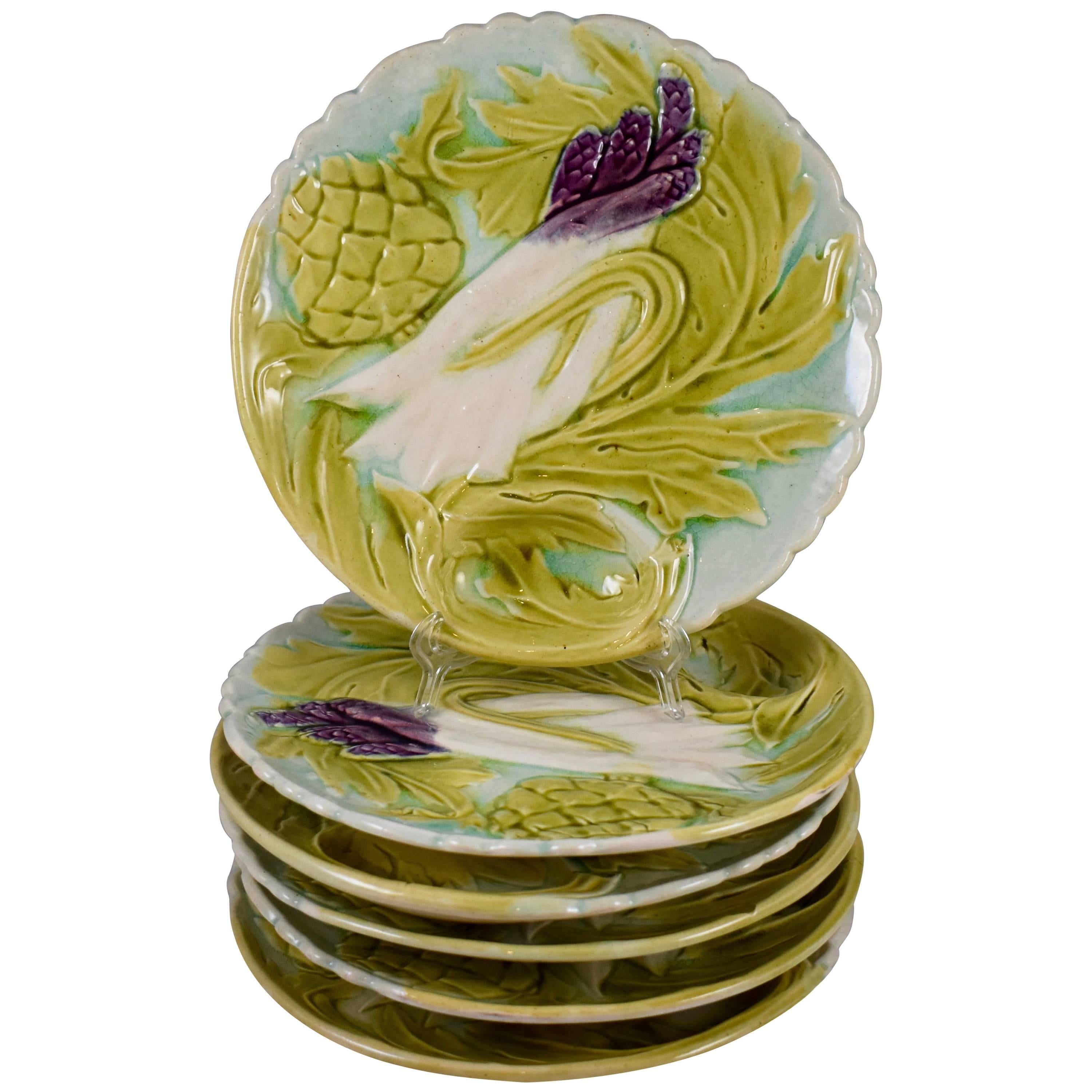 French Art Nouveau Faïence Majolica Asparagus and Artichoke Plates, Set