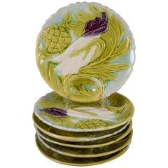 French Art Nouveau Faïence Majolica Asparagus & Artichoke Plates, Set of Six