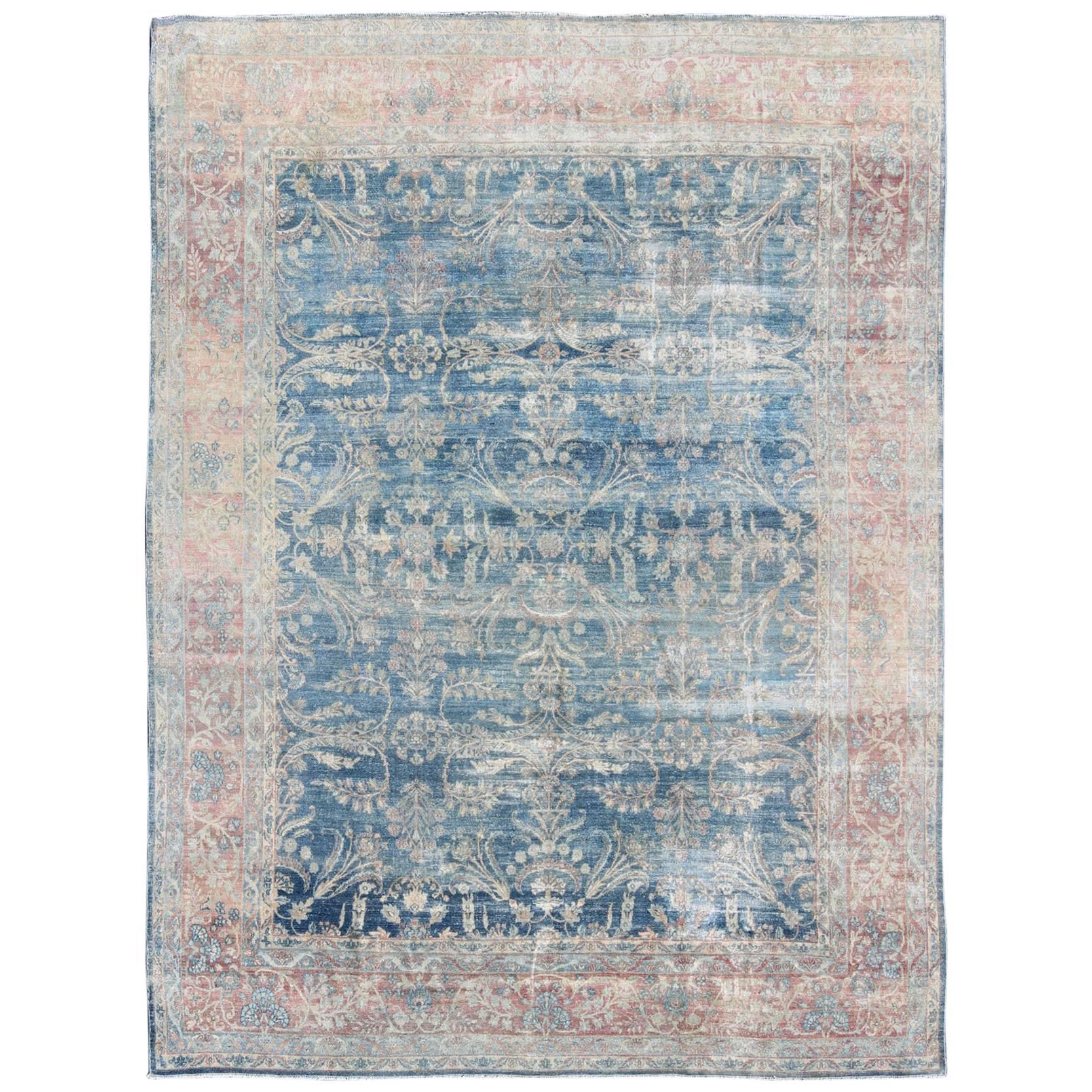 Antique Persian Kerman Rug with Paisley and Floral Motifs in Blue Field and Pink For Sale