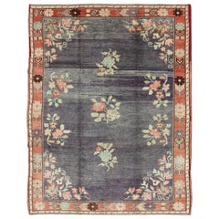 Vintage Turkish Oushak Rug with Open Charcoal Field and Flower Designs Vintage Turkish Oushak Rug with Open Charcoal Field and Flower Designs