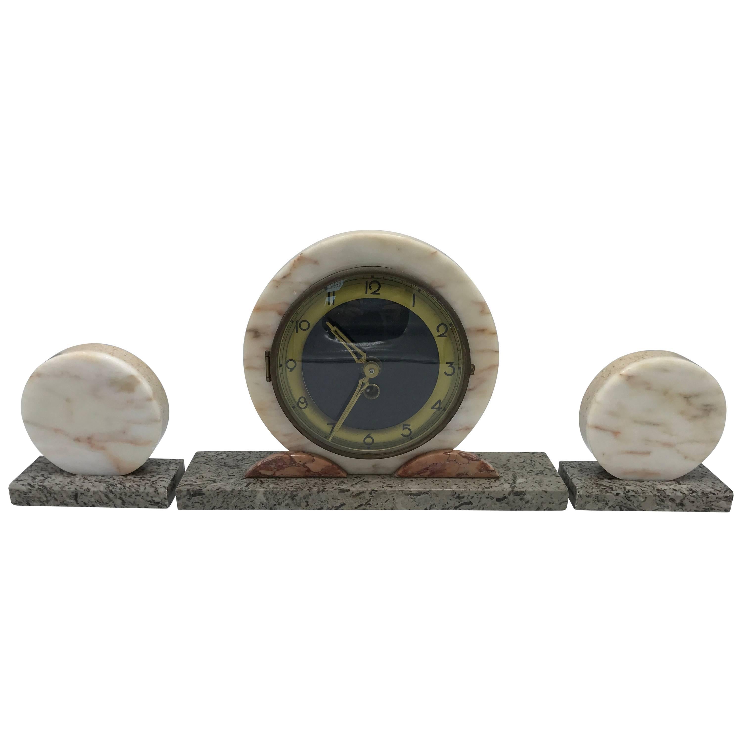 1920s Art Deco Onyx, Marble and Brass Mantle Clock Set For Sale