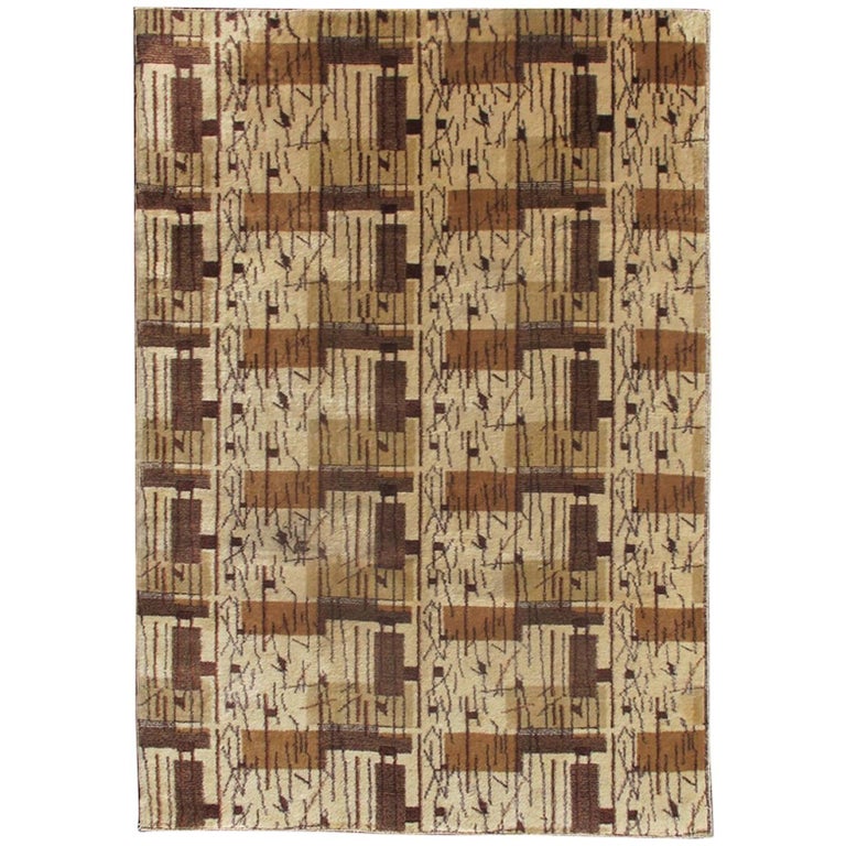 MidCentury Modern Rug with Jagged Stripes and Blocks Design in Shades