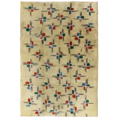 Mid-Century Modern Rug with All-Over Blossom Pattern on Pale Yellow & Cream