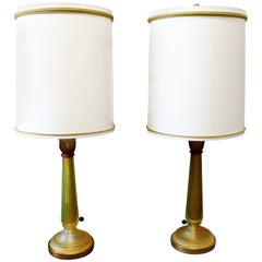 Mid-Century Modern Seguso for Marbro Pair of Amber Glass Lamps Original Shades