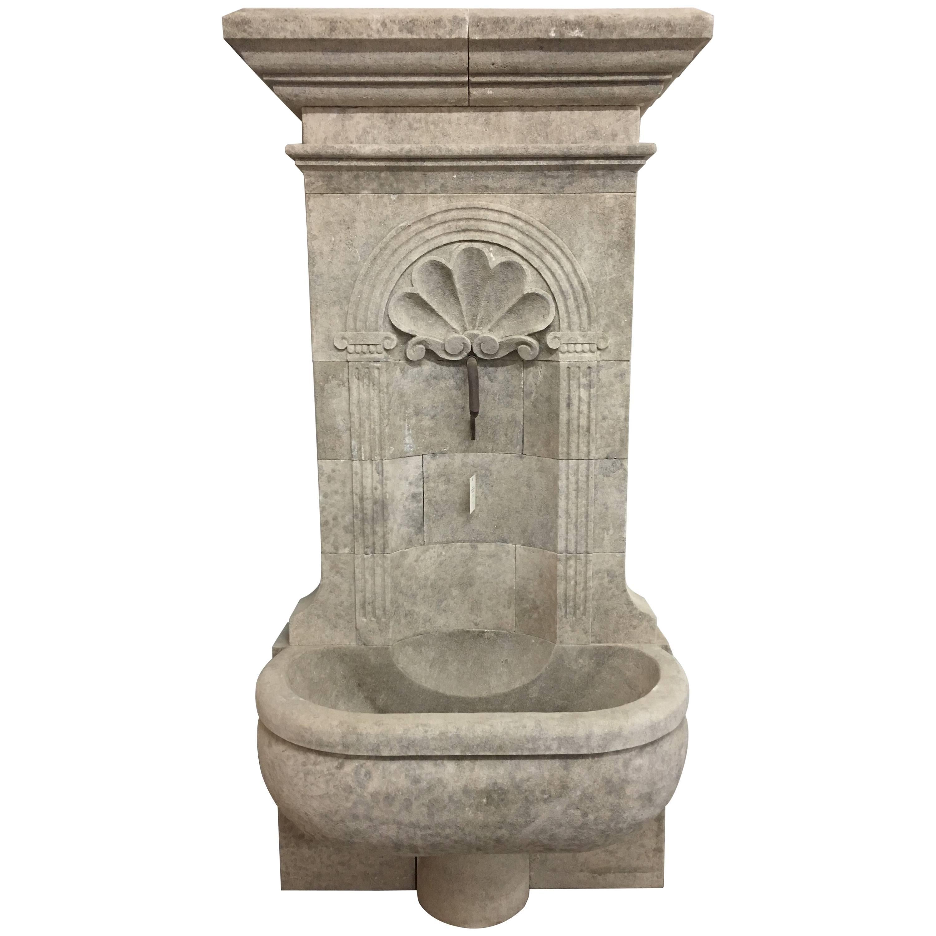 Hand-Carved Limestone Wall Fountain