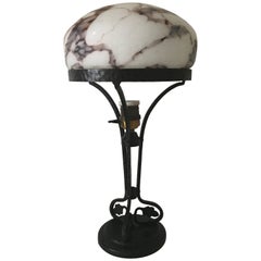 1915, Swedish Art Nouveau Jugendstil Wrought Iron and Glass Table Lamp