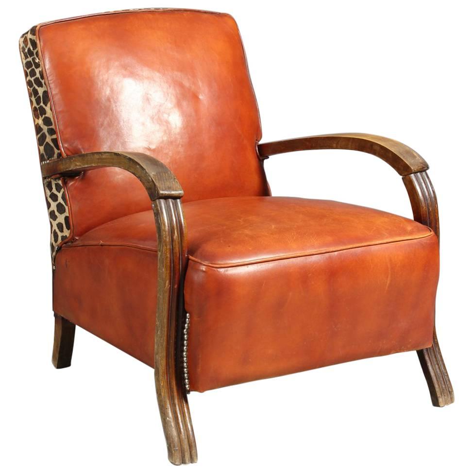 Danish Small Lounge Chair in Cognac Leather and Brass and Leopard Accents, 1930s