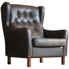 Børge Mogensen Style High Back Wing Chair with Tufted Back in Espresso Leather