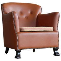 Danish, 1930s Half Size Club Chair in New Cognac Colored Leather and Brass Tacks