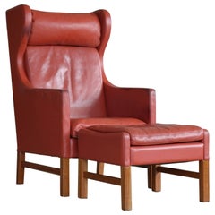Svend Skipper Danish Wingback Armchair and Ottoman Model Admiral in Red Leather 