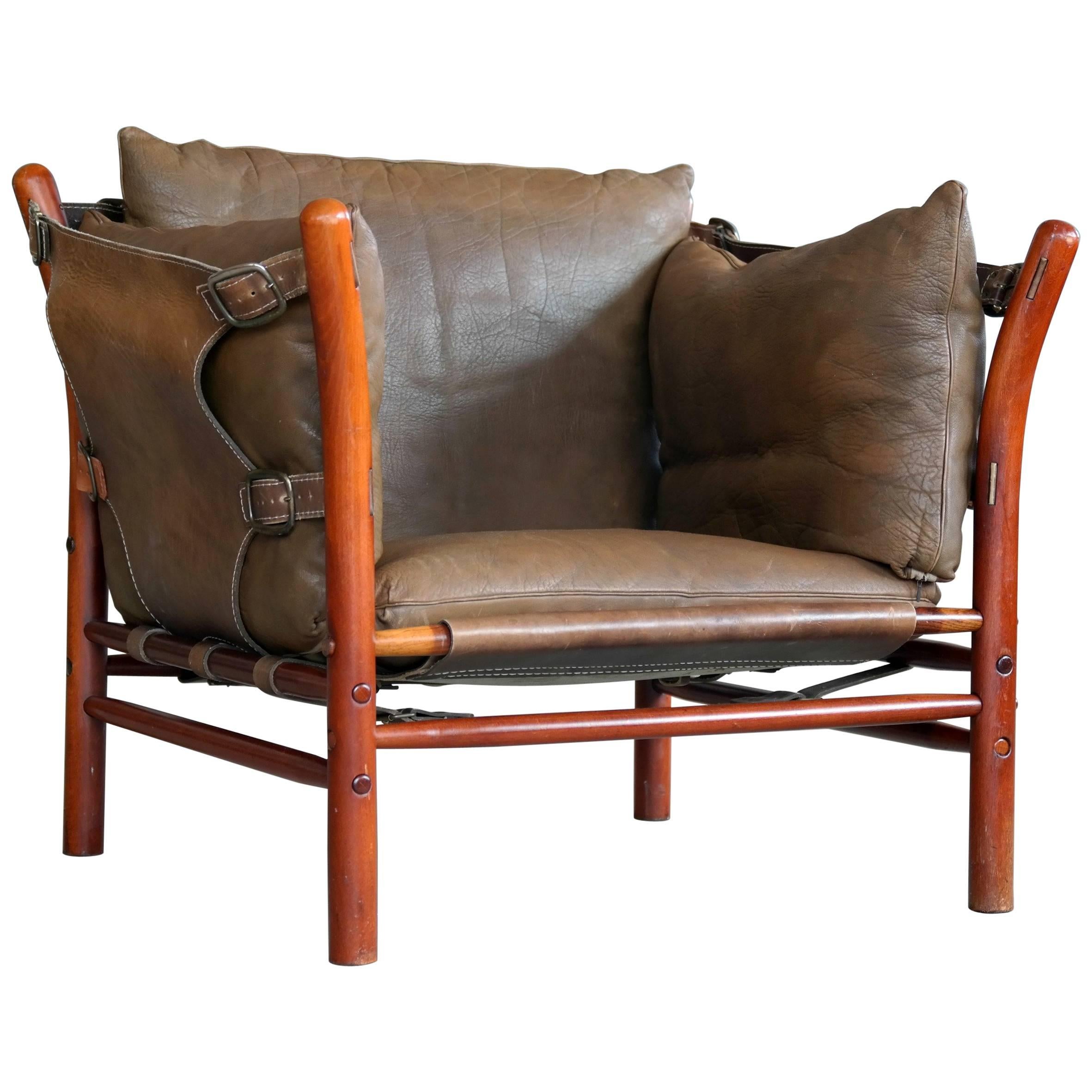 Arne Norell Safari Chair Model Ilona in Brown Leather and Beech