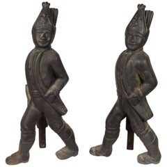 Antique Pair of 19th Century Hessian Soldier Form Cast Iron Andirons