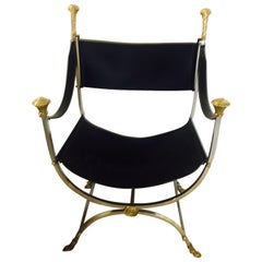 Maison Jansen Brass Polished Steel and Leather Savonarola Chair