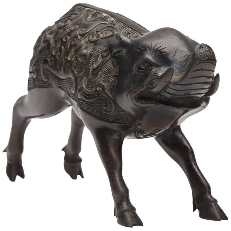 Japanese Meiji Bronze Wild Boar Figure, 19th Century