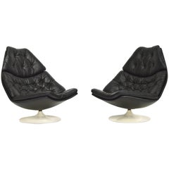 Retro Pair of Geoffrey Harcourt F588 Artifort Swivel Chairs in Original Black Leather