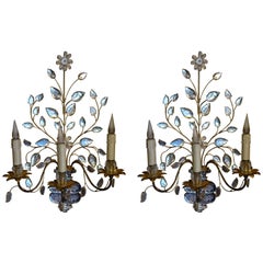 Pair of French Large Three-Arms Crystal Wall-Lights by Maison Baguès, circa 1950