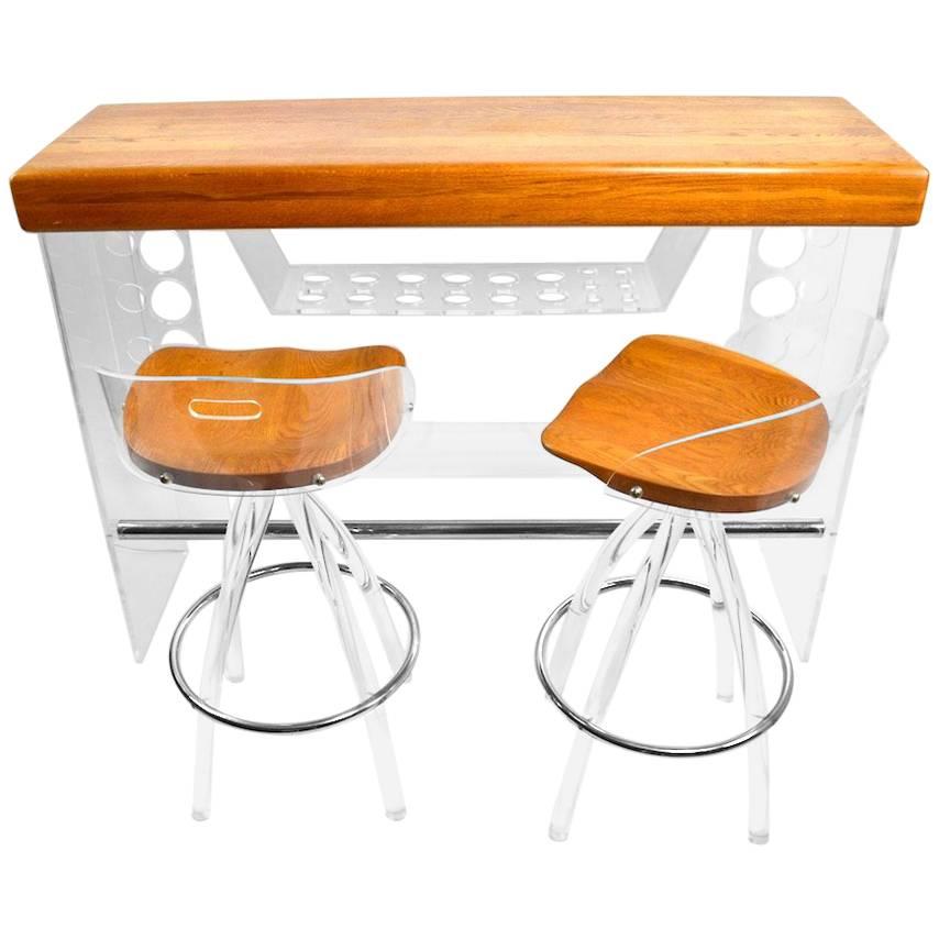 Lucite and Wood Bar with Stools