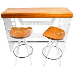 Lucite and Wood Bar with Stools