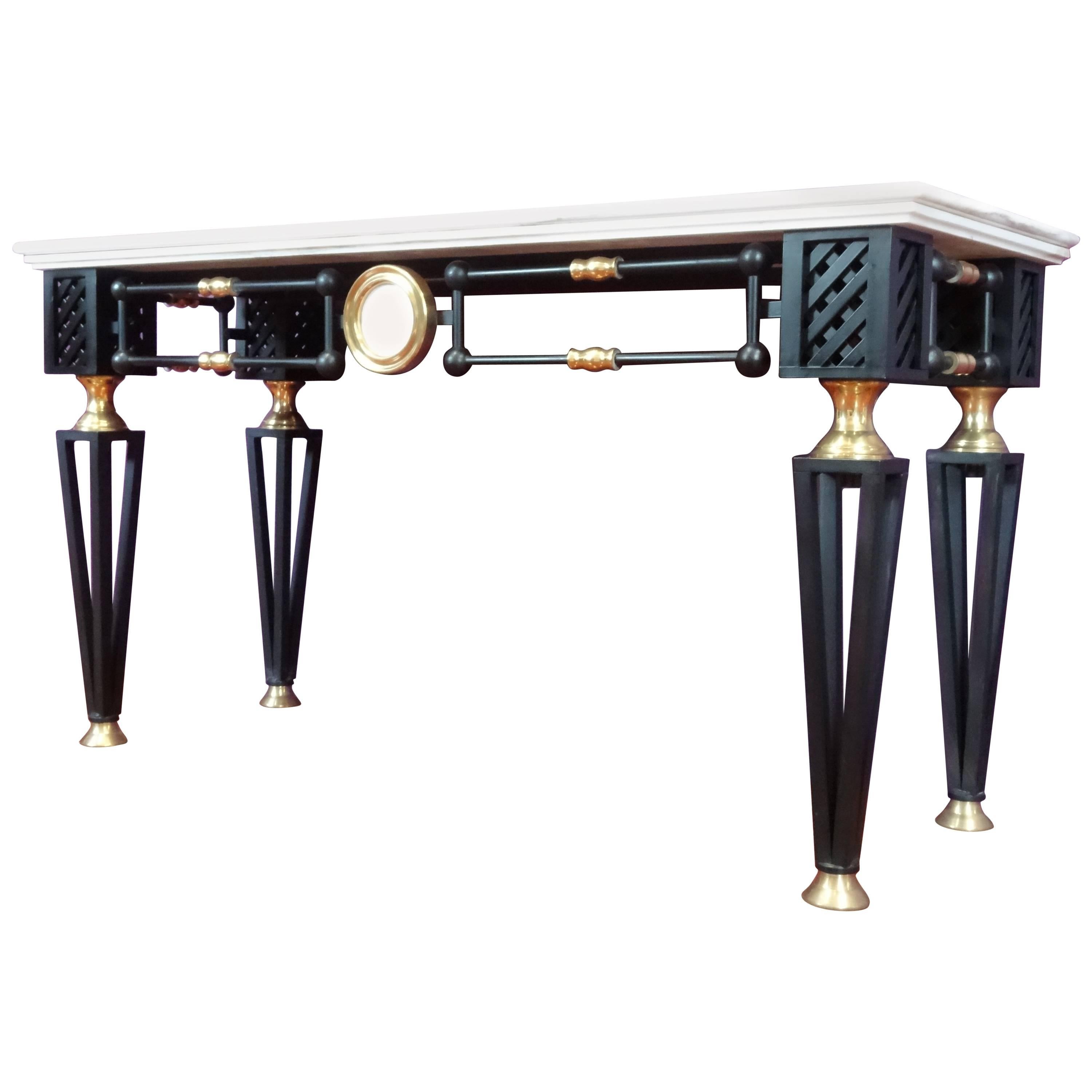 Black Metal and Brass Console Table with Two-Tier Brocetello Marble-Top For Sale