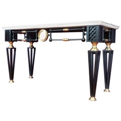 Black Metal and Brass Console Table with Two-Tier Brocetello Marble-Top