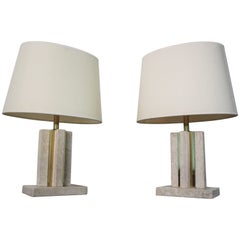 Pair of Travertine Stone Table Lamps with Brass, 1970s