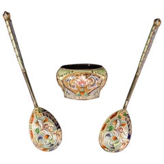 Faberge Silver and Enamel Spoons and Salt